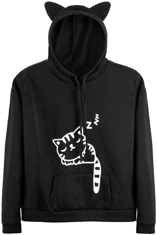 "Cute and Cozy Cat Hoodie Sweatshirt for Women and Teen Girls - Stay Stylish and Comfortable with Adorable Cat Ear Design and Sleeping Cat Print"