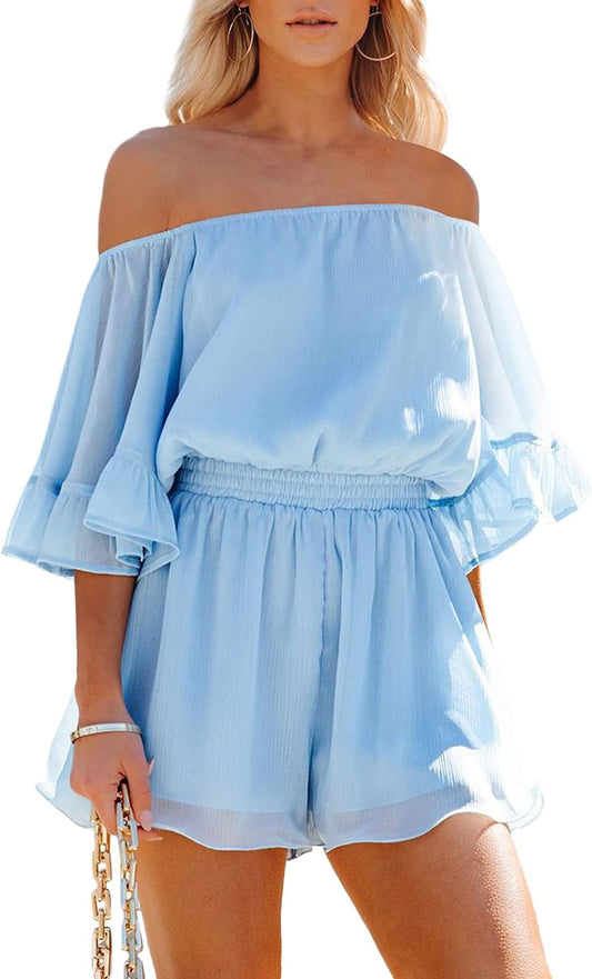 "Flirty and Chic: Light Blue Off-Shoulder Romper with Bell Sleeves - Perfect for Casual and Stylish Outings!"